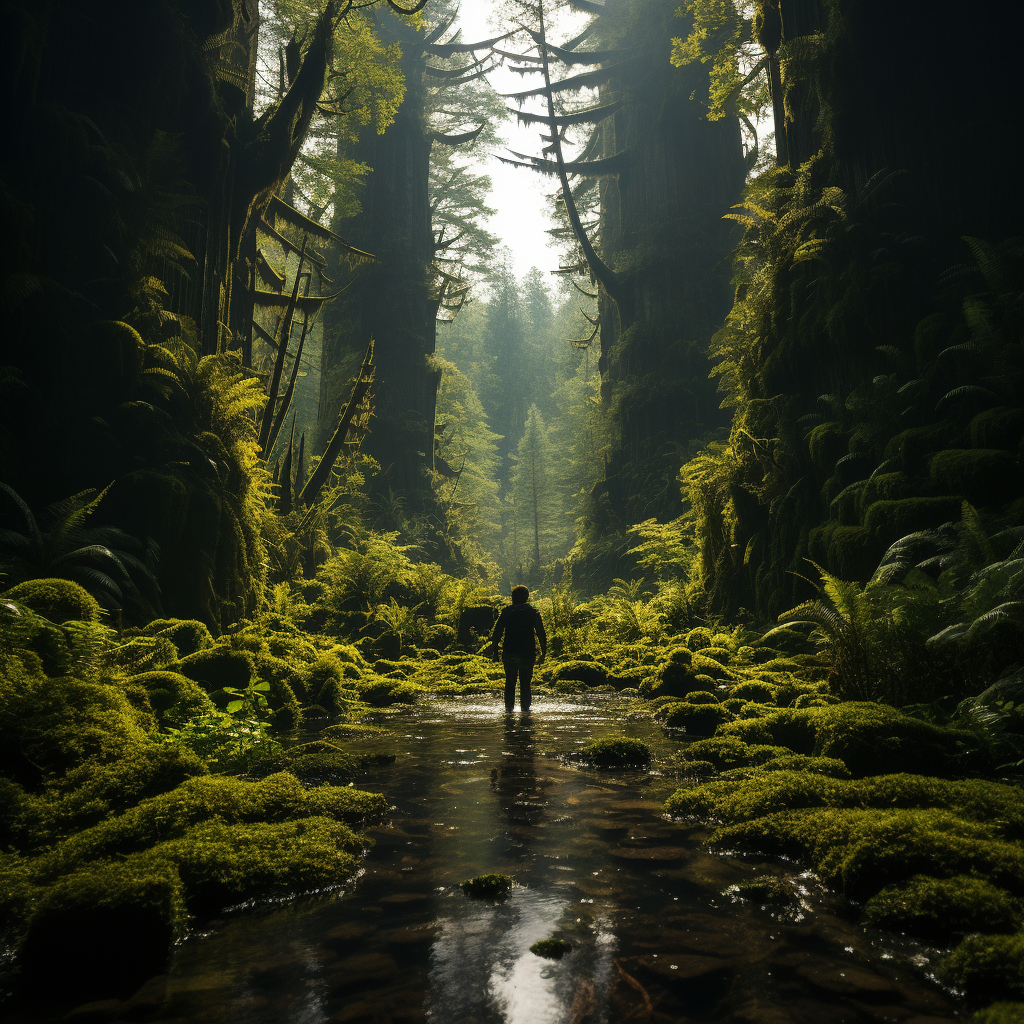 Man in a mossy prehistoric forest AI generated by Mandy Wheaton graphic designer